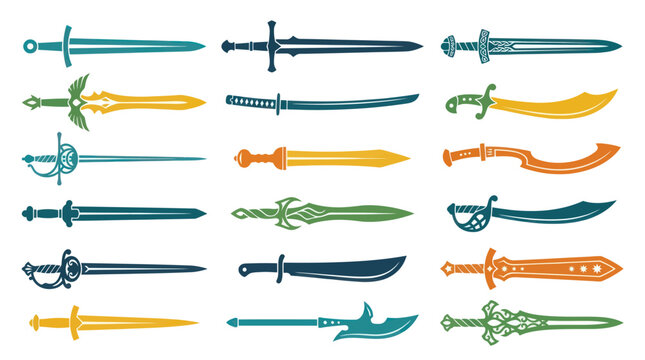 Collection of Colorful Sword Icons, Weapon Symbols, Flat Vector Graphics