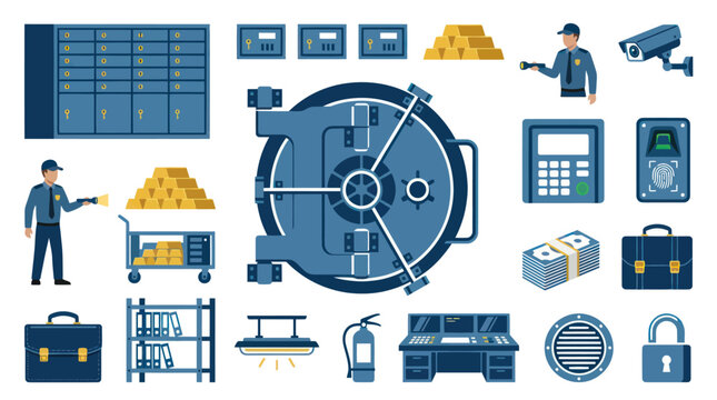 Bank Security Icons: Vault, Guard, Gold, Safe, Surveillance, Money, Flat Style