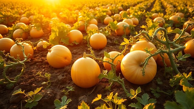 A sunlit field is filled with ripe melons on twisting vines.