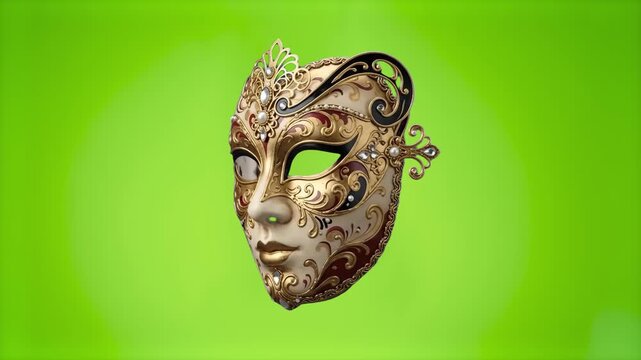 A detailed 3D render of an ornate golden Venetian carnival mask with beautiful baroque decorations and pearl accents, spinning against a soft light green gradient background. Ideal for mysterious vide