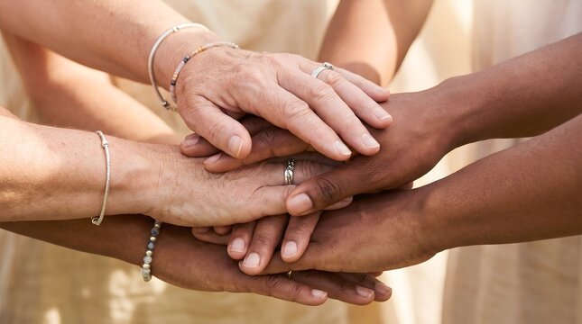 Diverse group of people joining hands together in a gesture of unity, solidarity, and cooperation