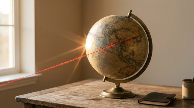 Antique world globe with red thread on a wooden table in sunlight