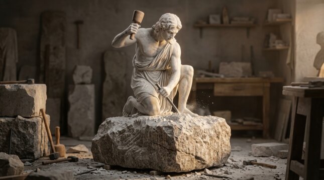 Classical marble statue of a sculptor carving stone in an artisan studio