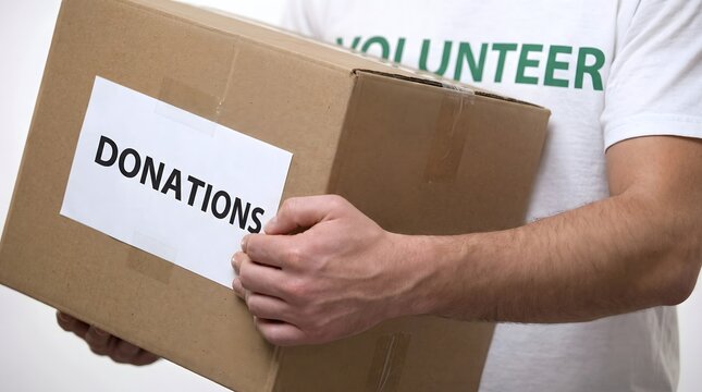 A dedicated volunteer holds a cardboard box clearly labeled 'DONATIONS,' ready to collect essential items and provide vital support to the community, symbolizing generosity and selfless giving
