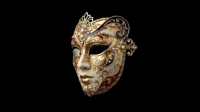 An ornate gold Venetian masquerade mask embellished with pearls and filigree patterns, isolated against a solid black studio backdrop. Perfect for carnival promotions, masquerade ball invitations, lux