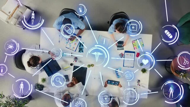 Healthcare experts connect smart health apps with diagnostic analytics, uploading patient records to a hospital cloud network during a medical office workflow.