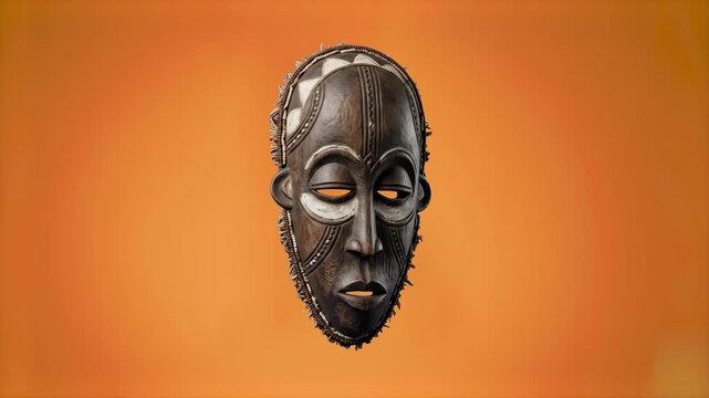 A detailed 3D model of a traditional hand-carved wooden African tribal mask with painted white details, floating against a warm coral red studio backdrop. Designed for African culture documentaries, m