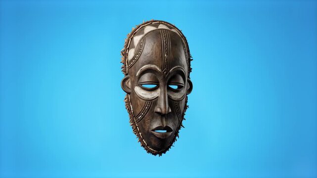 A highly detailed 3D model of an authentic African tribal wooden mask rotating slowly against a solid blue screen background. Excellent for cultural history presentations, ethnic art exhibitions, and 