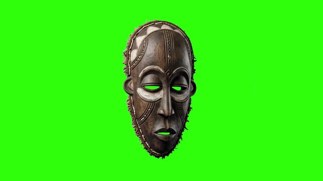 A highly detailed 3D model of an authentic African tribal wooden mask rotating slowly against a chroma key green screen background. Great for cultural documentaries, ethnography projects, and museum d
