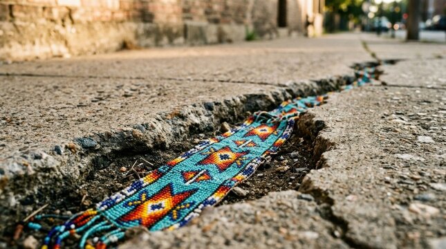 Colorful native american beadwork lying in a sidewalk crack outdoors