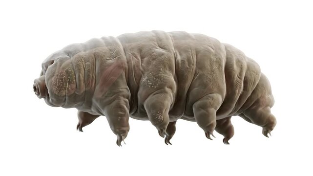 High-detail 3D render of a tardigrade (water bear) microscopic creature, isolated on a clean white background with soft shadows. Ideal for science textbook illustrations, biological e-learning courses