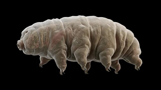 Detailed 3D model of a microscopic tardigrade (water bear), isolated against a solid pitch-black background. Perfect for microbiology documentaries, biology educational videos, scientific VFX overlays
