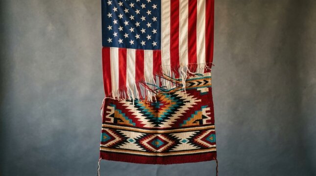 Frayed American flag merging into a woven Native American textile rug