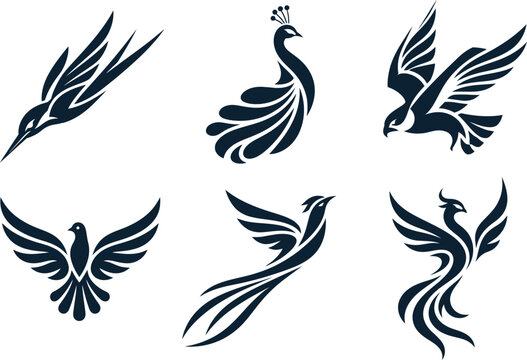Set of 6 black luxury tribal bird logos - diving kingfisher, elegant peacock, soaring eagle falcon, peace dove with spread wings, long tail phoenix and rising phoenix firebird, bold silhouette with fl