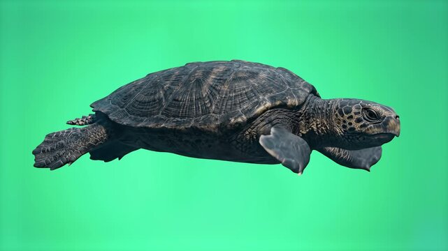 Realistic 3D render of a marine sea turtle swimming smoothly, isolated on a bright green screen chroma key background. Perfect for underwater scene compositing, aquarium video advertising, marine ecol