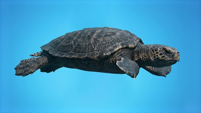 A realistic 3D animation of a sea turtle swimming gracefully against a solid light blue backdrop. Ideal for marine environment simulations, underwater ecosystem concepts, and educational nature media.