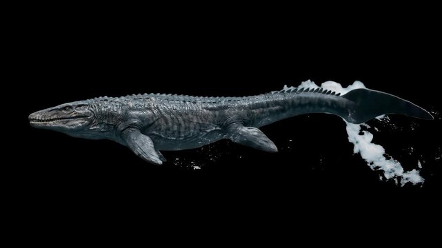 A detailed 3D render of a giant aquatic Mosasaurus swimming through dark deep ocean waters, isolated against a solid black studio backdrop. Perfect for cinematic VFX compositing, deep-sea monster thri