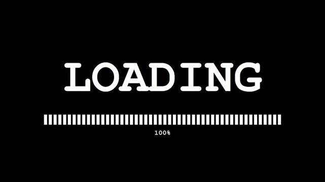Glitchy Digital Loading Screen Animation with Progress Bar and Percentage on Black Background