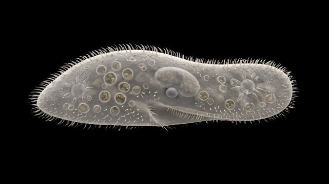 A detailed 3D microscopic animation of a single-celled paramecium organism showing cilia and internal structures against a black background. Perfect for biology lessons, scientific research videos, an