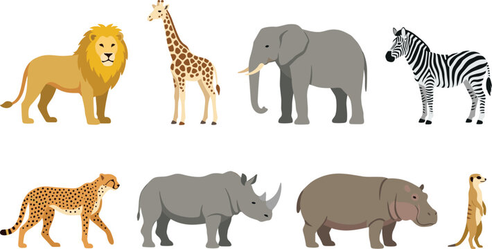 African Safari Wild Animals Vector Icon Set Featuring Lion Giraffe Elephant Zebra Cheetah Rhinoceros Hippo and Meerkat Illustrations