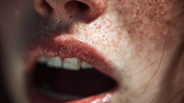 Extreme macro of woman's open mouth and freckled skin.