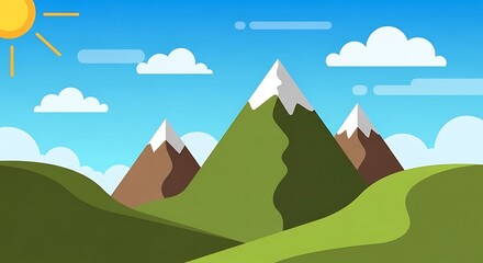 Fototapeta premium Cartoon green mountain with windmills under blue sky.