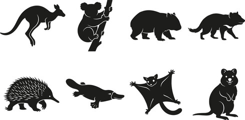 Australian native wildlife black silhouette vector icon set featuring kangaroo koala wombat platypus echidna and sugar glider © Rokon
