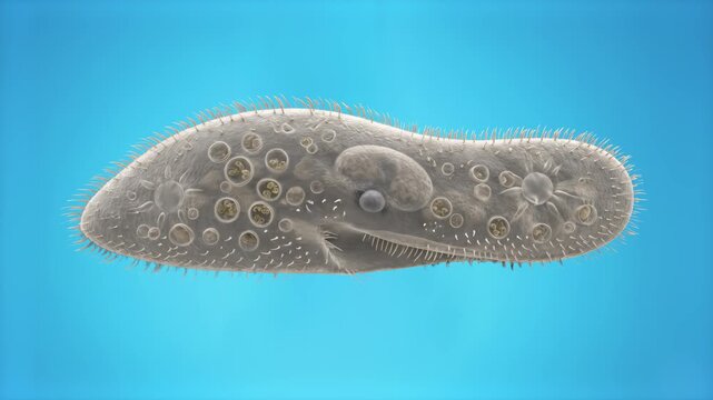 A detailed 3D medical animation showing the structure, cilia, and internal vacuoles of a paramecium organism against a blue background. Perfect for biology education, scientific analysis, and laborato