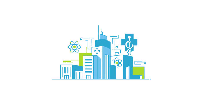 Smart city skyline with medical and healthcare icons.