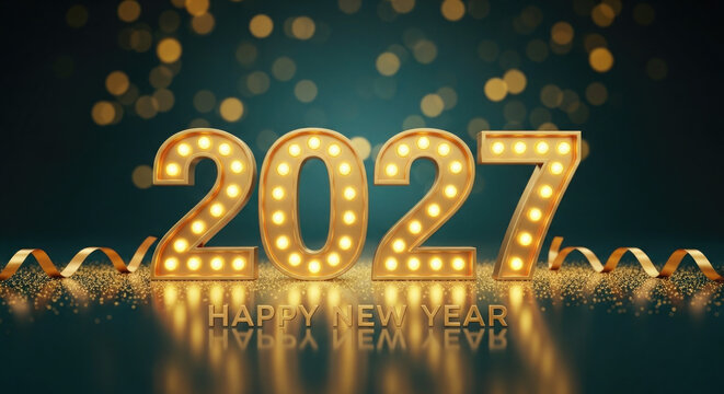 Golden illuminated 2027 new year sign with bokeh lights and confetti celebration