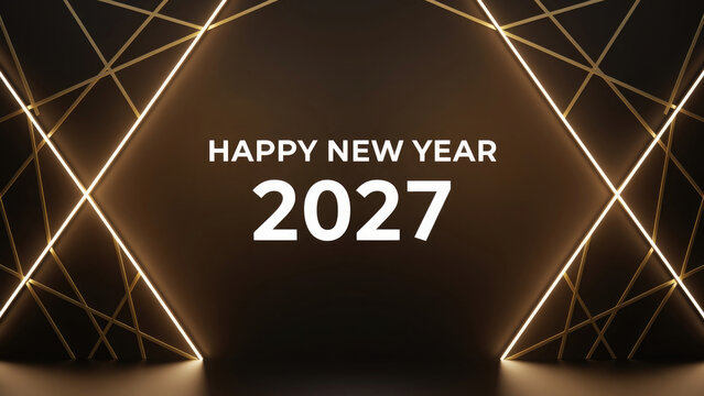 Happy New Year 2027 golden neon sign on dark brown background for festive celebrations