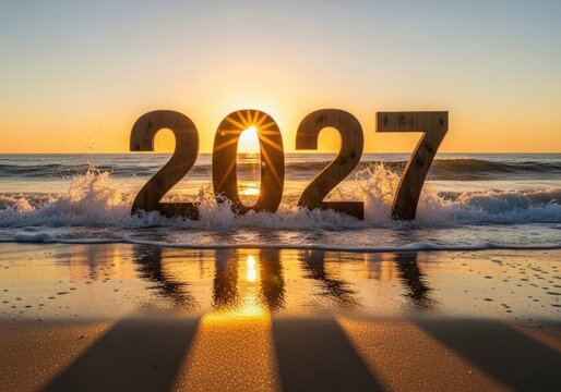 Wooden numbers forming 2027 emerging from ocean waves at sunset on a sandy beach