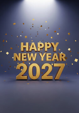 Golden Happy New Year 2027 text with confetti falling on a dark blue background
