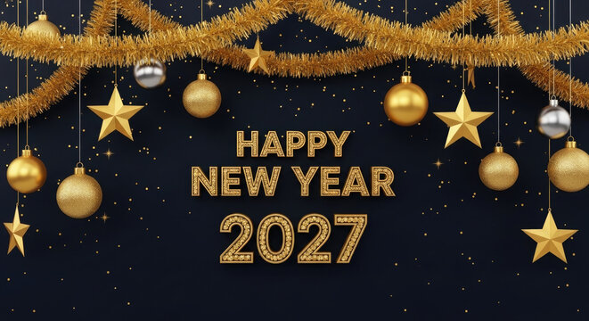 Golden new year decorations with stars and glittering text on a dark background