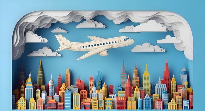 Travel and tourism concept with paper cut airplane flying over colorful cityscape skyline
