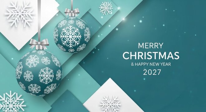 Festive christmas ornaments and snowflakes with merry christmas and happy new year text