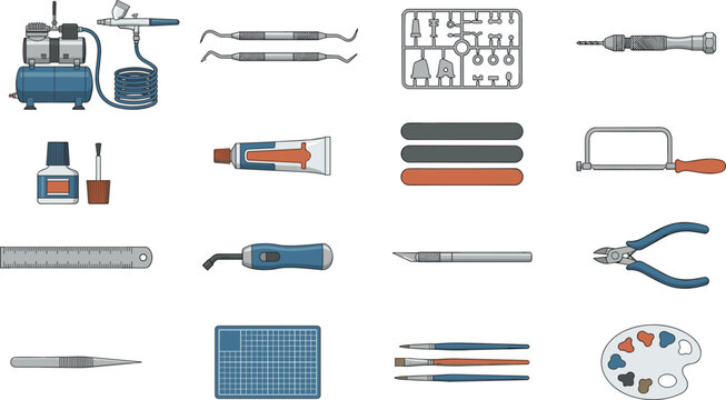 Set of plastic scale model building tools and hobby equipment featuring airbrush compressor cement glue sprue cutters sanding sticks and hobby knife