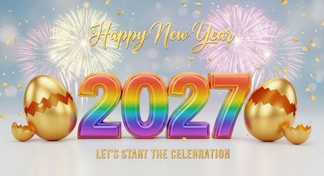 Happy New Year 2027 celebration with golden eggs and colorful fireworks display