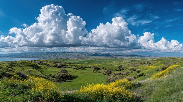 rolling green meadow beneath dramatic clouds