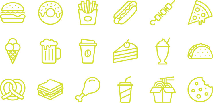 Fast food and takeout restaurant menu icon set with beverage sandwich restaurant refreshment delicious appetizer catering delivery nutrition