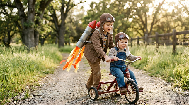 Two happy children playing with a homemade rocket jetpack while riding a red tricycle in the park