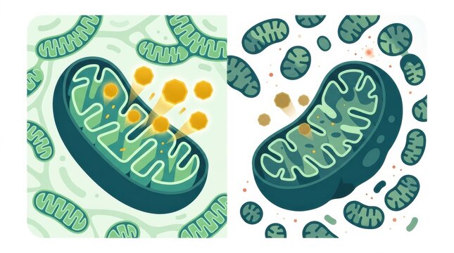 Illustration shows mitochondria in a cross section highlighting their role in cellular activities impacting health and aging