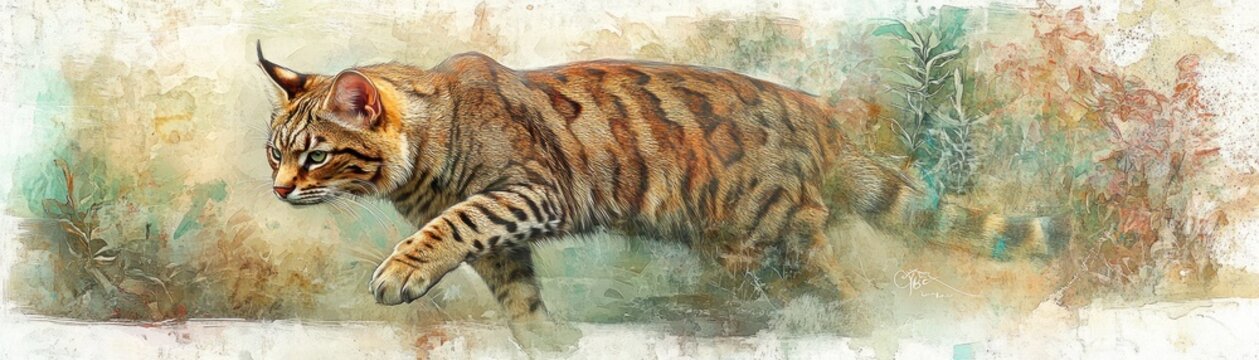 A wildcat prowling through a scenic landscape.