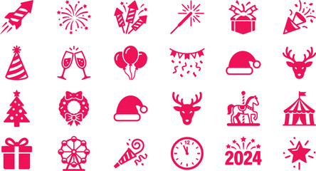 Set of festive new year holiday and christmas celebration pink vector icons with christmas celebration decoration fireworks ornaments reindeer clinking balloons countdown carousel collection © icon sos