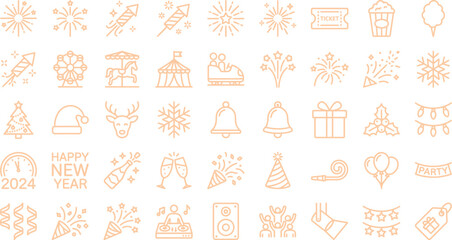 Orange new year and winter holiday celebration line icons set with celebration fireworks decoration christmas countdown champagne snowflake reindeer calendar seasonal tradition greetings © icon sos