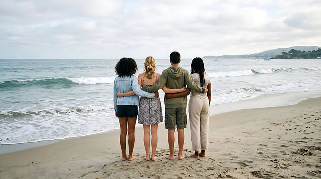 Group of young diverse friends standing together with arms around each other looking at the ocean beach