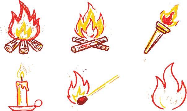 Set of fire and light source icons including campfires and candle with illustration collection fireplace abstract creative combustion matchstick firelight isolated firewood
