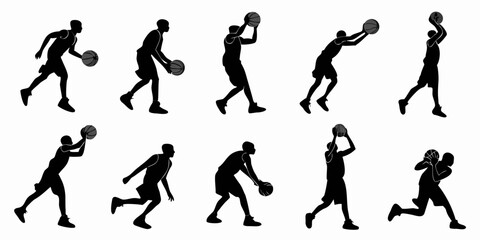 Black silhouette of nine basketball players in action poses sports dribbling shooting © Abu