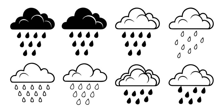Set of nine black cloud rain silhouette with raindrops, style raindrop weather simple minimal style