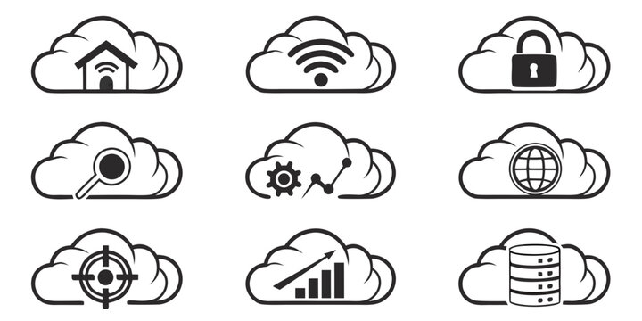 Set of nine black silhouette representing data storage and cloud computing server tower